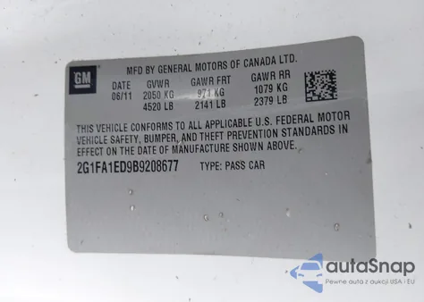 2011 Chevrolet Camaro 2Ls z USA, uszkodzony, nr VIN 2G1FA1ED9B9208677